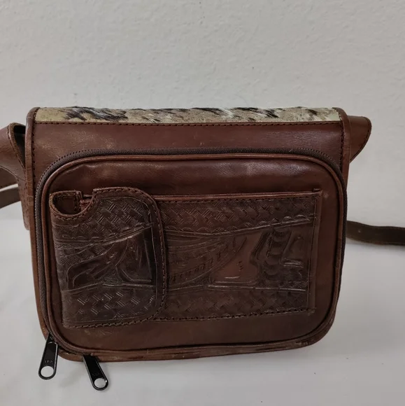 Leaders In Leather Vntg Tooled Leather Pony Hair Flap Messenger Crossbody Bag - Picture 4 of 16